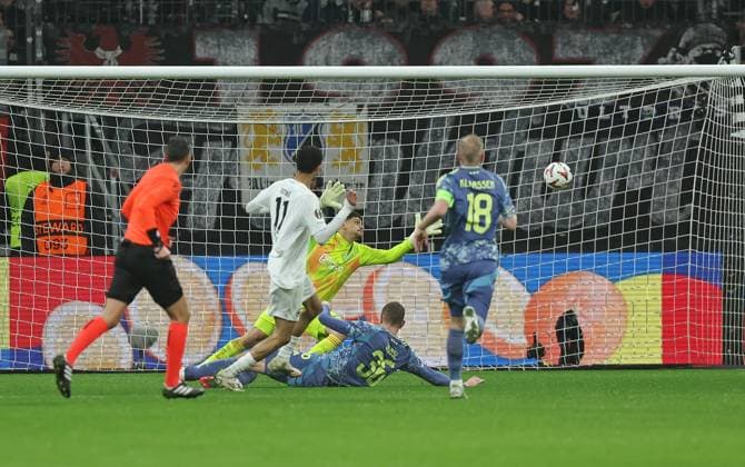 13 03 2025, xovx, Football UEFA Europa League, Eintracht Frankfurt Ajax Amsterdam v l Hugo Ekitike Eintracht Frankfurt with the goal to 3 0, Matheus Ajax Amsterdam , a35, Davy Klaassen Ajax Amsterdam DFL DFB REGULATIONS PROHIBIT ANY USE OF PHOTOGRAPHS as IMAGE SEQUENCES and or QUASI VIDEO emspor Frankfurt am Main
