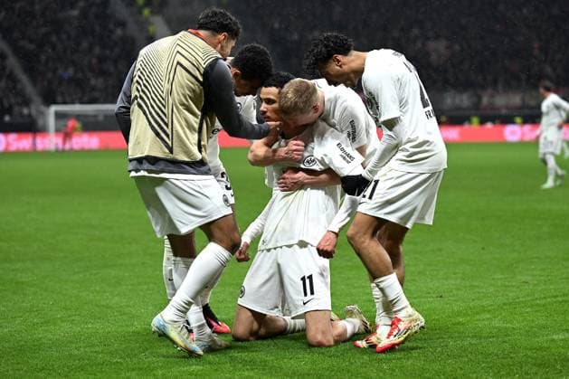Soccer UEFA Europa League Round of 16 Eintracht Frankfurt Ajax Amsterdam on 13 03 2025 at Deutsche Bank Park in Frankfurt Goal celebration for 3 0 by Hugo Ekitike Frankfurt xJKx