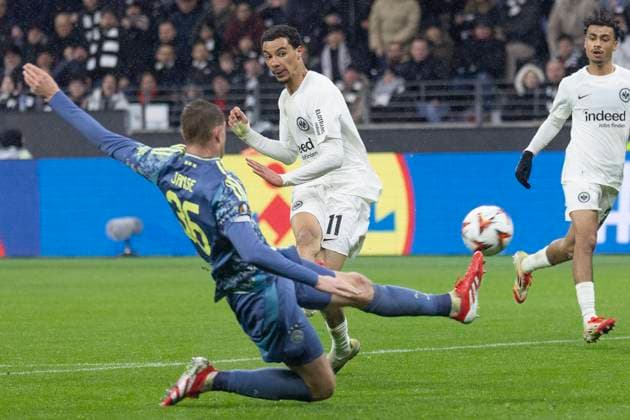 UEFA Europa League Eintracht Frankfurt Ajax Amsterdam, 13 03 2025 Hugo Ekitike Eintracht Frankfurt 11 after his shot, which Dies Janse Ajax Amsterdam 36 can no longer block Goal goal for 3 0, Eintracht Frankfurt Ajax Amsterdam, Frankfurt, Deutsche Bank Park, 13 3 2025 Copyright: xBEAUTIFULxSPORTS Gawlikx