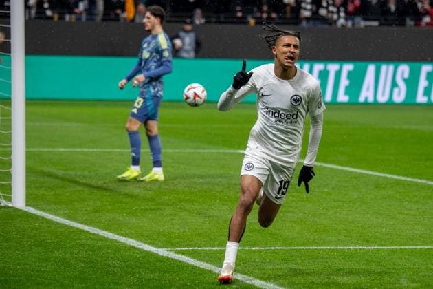 2025 03 13 xJAx UEFA EUROPA LEAGUE Eintracht Frankfurt AFC Ajax Amsterdam v l ,Jean Matteo Bahoya Eintracht Frankfurt shoots the goal to 1 0 Torjubel, Goal celebration, celebrate the goal DFL DFB REGULATIONS PROHIBIT ANY USE OF PHOTOGRAPHS as IMAGE SEQUENCES and or QUASI VIDEO Copyright: JoaquimxFerreira