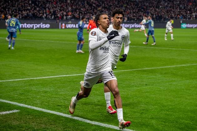 2025 03 13 xJAx UEFA EUROPA LEAGUE Eintracht Frankfurt AFC Ajax Amsterdam v l ,Jean Matteo Bahoya Eintracht Frankfurt shoots the goal to 1 0 Torjubel, Goal celebration, celebrate the goal DFL DFB REGULATIONS PROHIBIT ANY USE OF PHOTOGRAPHS as IMAGE SEQUENCES and or QUASI VIDEO Copyright: JoaquimxFerreira