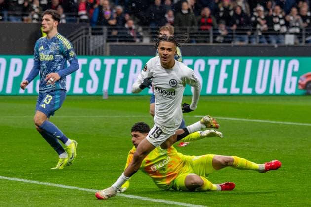 2025 03 13 xJAx UEFA EUROPA LEAGUE Eintracht Frankfurt AFC Ajax Amsterdam v l ,Jean Matteo Bahoya Eintracht Frankfurt shoots the goal to 1 0 Torjubel, Goal celebration, celebrate the goal DFL DFB REGULATIONS PROHIBIT ANY USE OF PHOTOGRAPHS as IMAGE SEQUENCES and or QUASI VIDEO Copyright: JoaquimxFerreira
