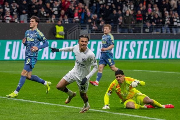 2025 03 13 xJAx UEFA EUROPA LEAGUE Eintracht Frankfurt AFC Ajax Amsterdam v l ,Jean Matteo Bahoya Eintracht Frankfurt shoots the goal to 1 0 Torjubel, Goal celebration, celebrate the goal DFL DFB REGULATIONS PROHIBIT ANY USE OF PHOTOGRAPHS as IMAGE SEQUENCES and or QUASI VIDEO Copyright: JoaquimxFerreira