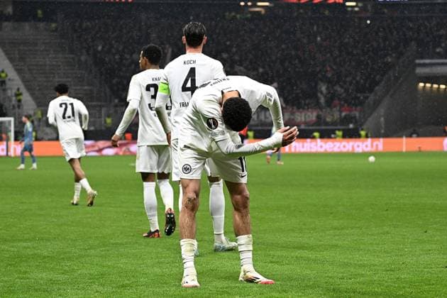 13 03 2025, xjhx, Fußball UEFA Europa League, Eintracht Frankfurt Ajax Amsterdam v l Torjubel nach dem Tor zum celebrating the goal celebrate 3 0 durch Hugo Ekitike Eintracht Frankfurt UEFA REGULATIONS PROHIBIT ANY USE OF PHOTOGRAPHS as IMAGE SEQUENCES and or QUASI VIDEO Frankfurt am Main