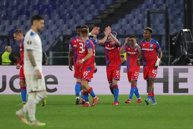 13th March 2025, Stadio Olimpico, Rome, Italy; UEFA Europa League Last 16, Second Leg, Football; Lazio versus Viktoria Plzen; Pavel Sulc of Viktoria Plzen celebrates after scoring the goal in the 52nd minute for 0-1  ActionPlus12759790 EmanuelexPennacchio