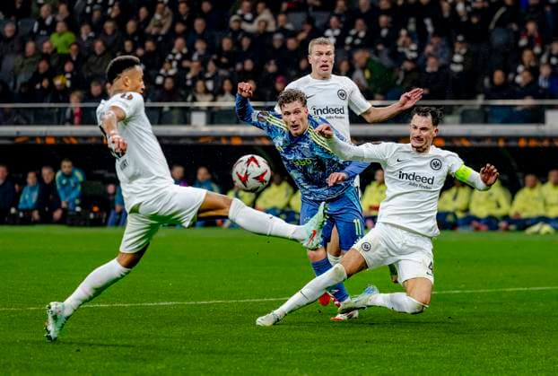 AFC Ajax Amsterdam forwarder Mika Godts, Eintracht Frankfurt defender Robin Koch during the match Eintracht Ajax at the for the UEFA Europa League Round of 16 2st leg season 2024 2025 in FRANKFURT, Germany on 13 march 2025, photo by Marcel van Dorst EYE4images DeFodi Images