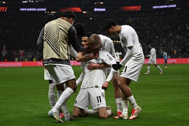 13 03 2025, xjhx, Fußball UEFA Europa League, Eintracht Frankfurt Ajax Amsterdam v l Torjubel nach dem Tor zum celebrating the goal celebrate 3 0 durch Hugo Ekitike Eintracht Frankfurt DFL DFB REGULATIONS PROHIBIT ANY USE OF PHOTOGRAPHS as IMAGE SEQUENCES and or QUASI VIDEO Frankfurt am Main