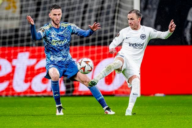 AFC Ajax Amsterdam midfielder Branco van den Boomen, Eintracht Frankfurt midfielder Mario Gotze during the match Eintracht Ajax at the for the UEFA Europa League Round of 16 2st leg season 2024 2025 in FRANKFURT, Germany on 13 march 2025, photo by Marcel van Dorst EYE4images DeFodi Images