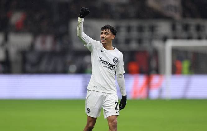 13 03 2025, Football UEFA Europa League, Eintracht Frankfurt Ajax AFC Amsterdam, emonline, emspor, v l , Nathaniel Brown Eintracht Frankfurt jubilantly cheering jubilantly cheering DFL DFB REGULATIONS PROHIBIT ANY USE OF PHOTOGRAPHS AS IMAGE SEQUENCES AND OR QUASI VIDEO xdcx Copyright: HMBxMedia Claus