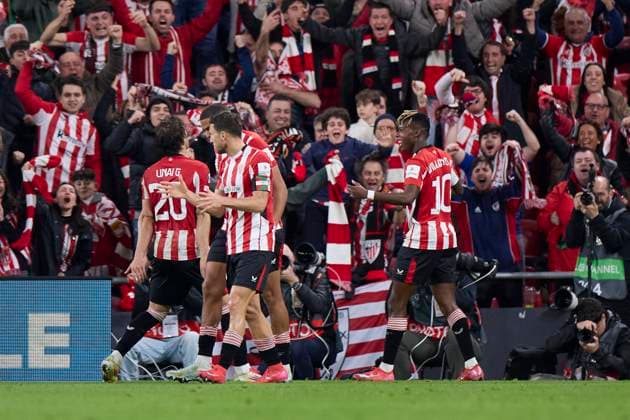 March 13, 2025, Bilbao, Vizcaya, SPAIN: Nico Williams of Athletic Club celebrates after scoring the team s first goal during the UEFA Europa League 2024 25 Round of 16 Second Leg match between Athletic Club and AS Roma at San Mames on March 13, 2025, in Bilbao, Spain. Bilbao SPAIN - ZUMAa181 20250313_zaa_a181_038 Copyright: xRicardoxLarreinax
