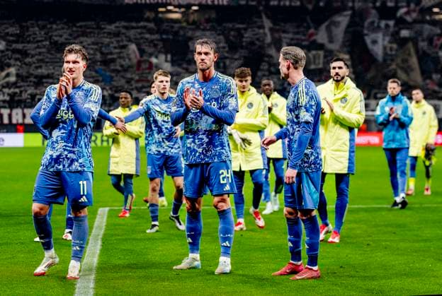 AFC Ajax Amsterdam defender Daniele Rugani, AFC Ajax Amsterdam midfielder Kenneth Taylor dejected after the lost game during the match Eintracht Ajax at the for the UEFA Europa League Round of 16 2st leg season 2024 2025 in FRANKFURT, Germany on 13 march 2025, photo by Marcel van Dorst EYE4images DeFodi Images