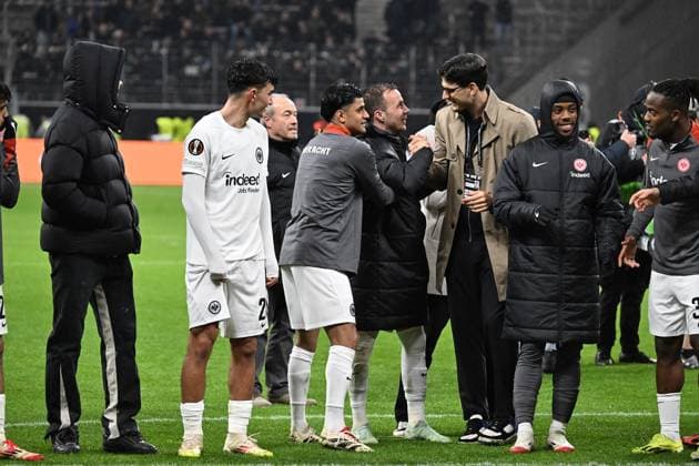13 03 2025, xjhx, Football UEFA Europa League, Eintracht Frankfurt Ajax Amsterdam v l jubilation, joy of victory Mahmoud Dahoud Eintracht Frankfurt Mario Götze Goetze Eintracht Frankfurt Igor Matanovic Eintracht Frankfurt UEFA REGULATIONS PROHIBIT ANY USE OF PHOTOGRAPHS as IMAGE SEQUENCES and or QUASI VIDEO Frankfurt am Main