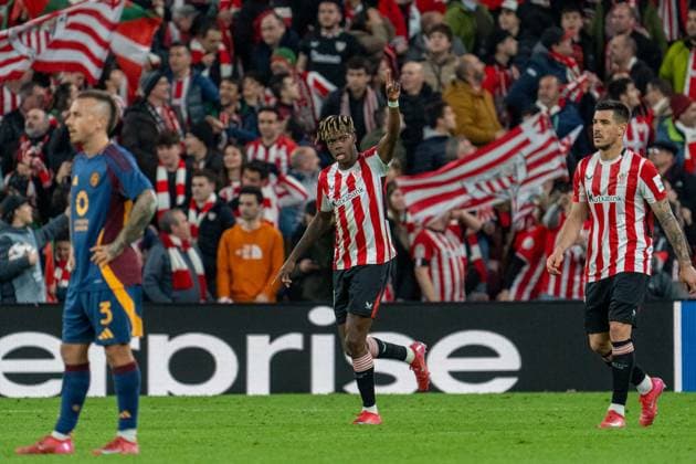 Bilbao, Spain, March 13th 2025 Nico Williams (N10 Athletic) celebrates the UEFA Europa League match between Athletic de Bilbao and AS Roma at San Mames in Bilbao, Spain (Andres Lopez Sheridan SPP) Copyright: xAndresxLopezxSheridanxx xSPPx spp-en-AnLoShSp-ATH-ROM-28