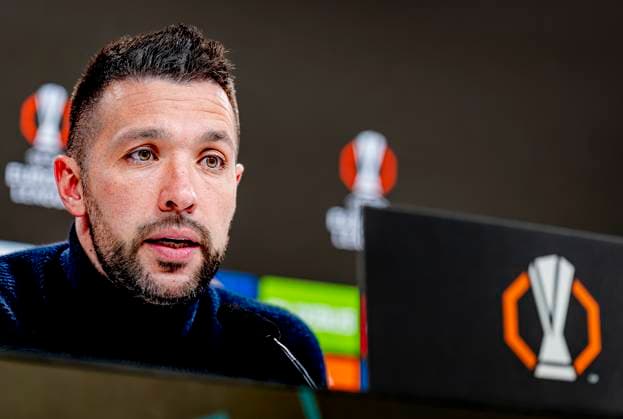 AFC Ajax Amsterdam trainer Francesco Farioli during te press conference after the match Eintracht Ajax at the for the UEFA Europa League Round of 16 2st leg season 2024 2025 in FRANKFURT, Germany on 13 march 2025, photo by Marcel van Dorst EYE4images DeFodi Images