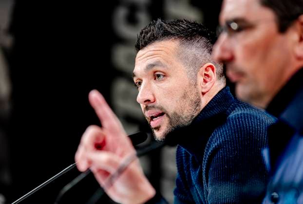 AFC Ajax Amsterdam trainer Francesco Farioli during te press conference after the match Eintracht Ajax at the for the UEFA Europa League Round of 16 2st leg season 2024 2025 in FRANKFURT, Germany on 13 march 2025, photo by Marcel van Dorst EYE4images DeFodi Images