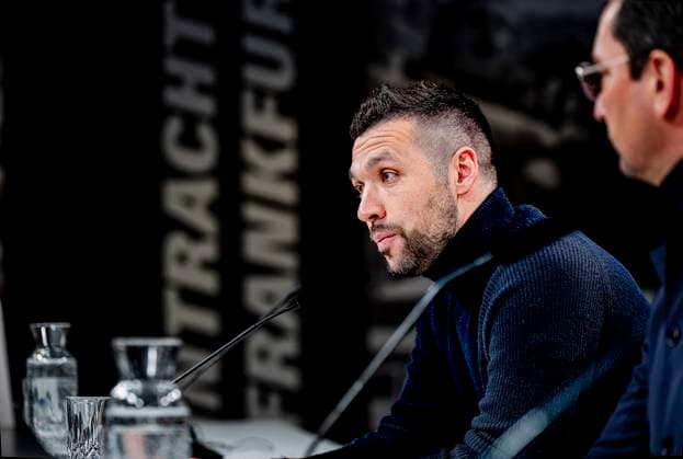 AFC Ajax Amsterdam trainer Francesco Farioli during te press conference after the match Eintracht Ajax at the for the UEFA Europa League Round of 16 2st leg season 2024 2025 in FRANKFURT, Germany on 13 march 2025, photo by Marcel van Dorst EYE4images DeFodi Images
