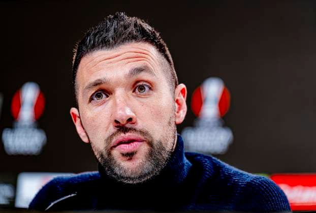 AFC Ajax Amsterdam trainer Francesco Farioli during te press conference after the match Eintracht Ajax at the for the UEFA Europa League Round of 16 2st leg season 2024 2025 in FRANKFURT, Germany on 13 march 2025, photo by Marcel van Dorst EYE4images DeFodi Images