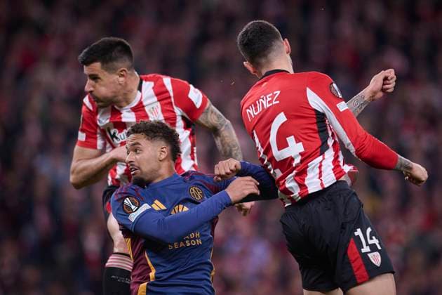 Sport Bilder des Tages ATHLETIC DE BILBAO v AS ROMA. UEFA EUROPA LEAGUE 2024 2025. ROUND OF 16. Athletic de Bilbao s Yuri Berchiche (l) scores with a header during UEFA Europa League 2024 2025 Round of 16 2nd leg match. March 13,2025. (ALTERPHOTOS Jorge Ropero) BilbaoSpain  Copyright: xJorgexRoperox