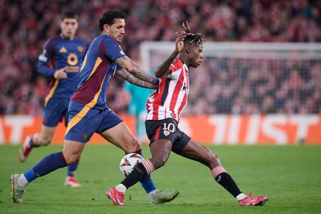 ATHLETIC DE BILBAO v AS ROMA. UEFA EUROPA LEAGUE 2024 2025. ROUND OF 16. Athletic de Bilbao s Nico Williams (r) and AS Roma™s Leandro Paredes (l) during UEFA Europa League 2024 2025 Round of 16 2nd leg match. March 13,2025. (ALTERPHOTOS Jorge Ropero) BilbaoSpain  Copyright: xJorgexRoperox