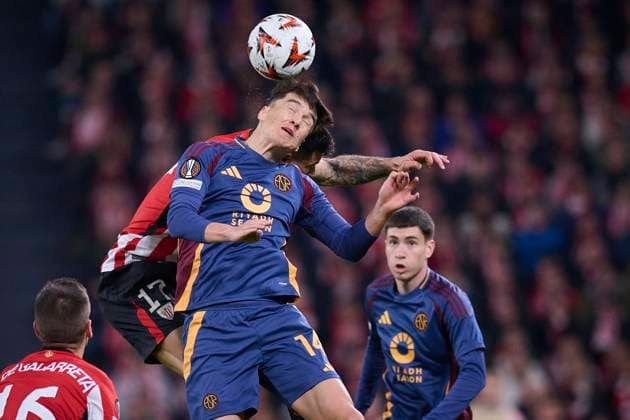 ATHLETIC DE BILBAO v AS ROMA. UEFA EUROPA LEAGUE 2024 2025. ROUND OF 16. Athletic de Bilbao s Yuri Berchiche (l) and AS Roma™s Eldor Shomurodov (r) during UEFA Europa League 2024 2025 Round of 16 2nd leg match. March 13,2025. (ALTERPHOTOS Jorge Ropero) BilbaoSpain  Copyright: xJorgexRoperox