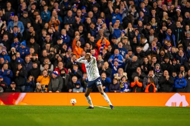 13th March 2025; Ibrox Stadium, Glasgow, Scotland; UEFA Europa League Last 16 Second Leg Football, Rangers versus Fenerbahce; Anderson Talisca of Fenerbahce reacts with his head in his hands after being yellow carded by referee Espen Eskas  ActionPlus12759925 VagelisxGeorgariou