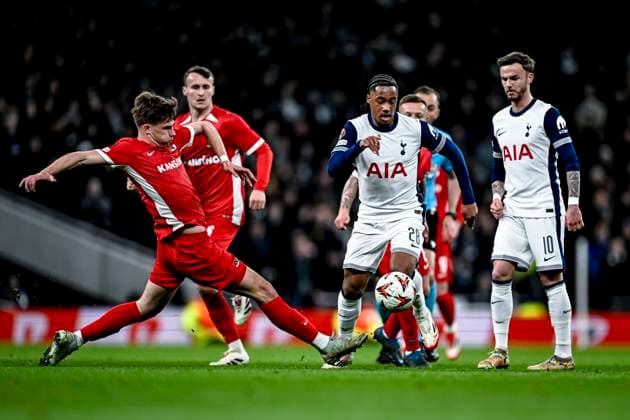 AZ Alkmaar defender Wouter Goes, Tottenham Hotspur defender Djed Spence, Tottenham Hotspur midfielder James Maddison, during the match Tottenham Hotspur AZ at the Tottenham Hotspur Stadium for the UEFA Europa League Round of 16 2nd Leg season 2024 2025 in LONDON, Great Britain on 13 march 2025, photo by Stefan Koops EYE4images DeFodi Images