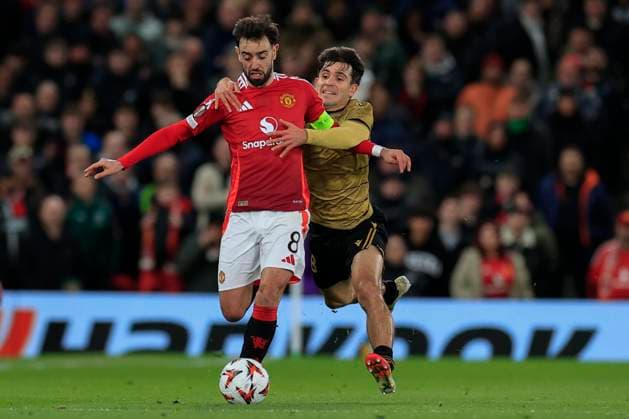 Manchester United, ManU v Real Sociedad Europa League 13 03 2025. Bruno Fernandes (8) of Manchester United is fouled by Pablo Marin (28) of Real Sociedad during the Europa League match between Manchester United and Real Sociedad at Old Trafford, Manchester, England on 13 March 2025. Manchester Old Trafford Greater Manchester England Editorial use only , Copyright: xConorxMolloyx PSI-21633-0057