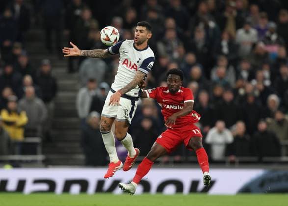 London, England, 13th March 2025. Cristian Romero of Tottenham gets in front of Ibrahim Sadiq of AZ Alkmaar during the UEFA Europa League match Tottenham Hotspur v AZ Alkmaar at the Tottenham Hotspur Stadium, London. Picture credit should read: David Klein Sportimage EDITORIAL USE ONLY. No use with unauthorised audio, video, data, fixture lists, club league logos or live services. Online in-match use limited to 120 images, no video emulation. No use in betting, games or single club league player publications. SPI_026_DK_Tottenham_Alkmaar SPI-3742-0026