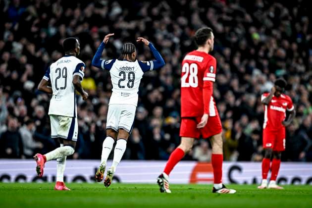 Tottenham Hotspur midfielder Wilson Odobert celebrating the goal 1 0, during the match Tottenham Hotspur AZ at the Tottenham Hotspur Stadium for the UEFA Europa League Round of 16 2nd Leg season 2024 2025 in LONDON, Great Britain on 13 march 2025, photo by Stefan Koops EYE4images DeFodi Images