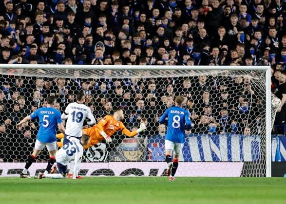 Rangers v Fenerbahce S.K. UEFA Europa League Sebastian Szymanski of Fenerbahe S.K.(second from left) scores his teams first goal during the UEFA Europa League Round of 16 Second Leg match at Ibrox Stadium, Glasgow UK Newspapers OUT Copyright: xFredxPalmerx FIL-21575-0056