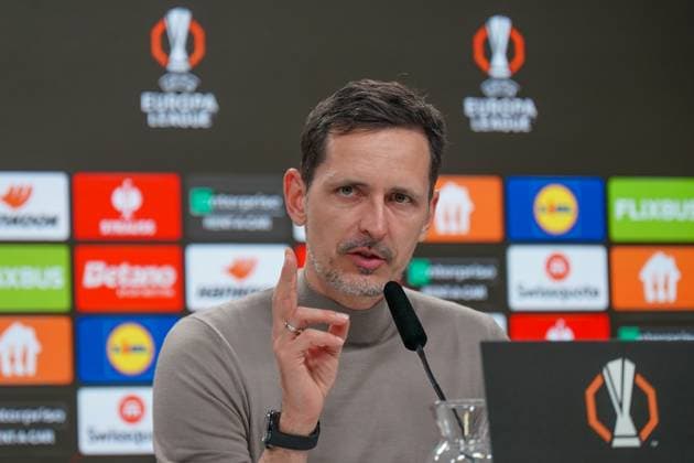 Uefa Europa League 2024 2025, Round of 16 Eintracht Frankfurt vs Ajax Amsterdam Deutsche Bank Park Frankfurt, Germany Dino Toppmöller Dino Toppmoeller Coach, Eintracht Frankfurt Press Conference Copyright: xJOERANxSTEINSIEKx