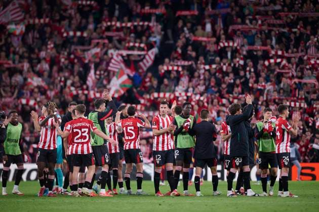 Athletic de Bilbao s players celebrate a win during UEFA Europa League 2024 2025 Round of 16 2nd leg match. March 13,2025. (20250313105)