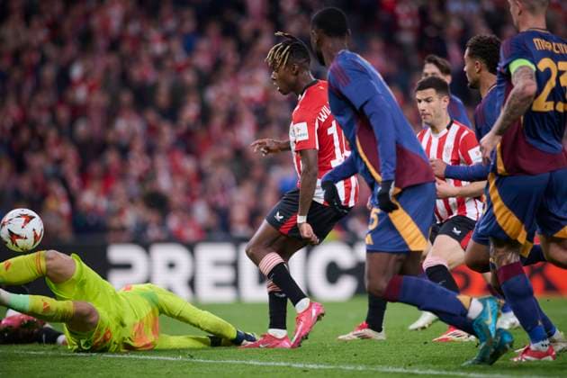 Athletic de Bilbao s Nico Williams scores a goal during UEFA Europa League 2024 2025 Round of 16 2nd leg match. March 13,2025. (2025031393)