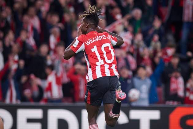 Athletic de Bilbao s Nico Williams celebrates a goal during UEFA Europa League 2024 2025 Round of 16 2nd leg match. March 13,2025. (2025031395)