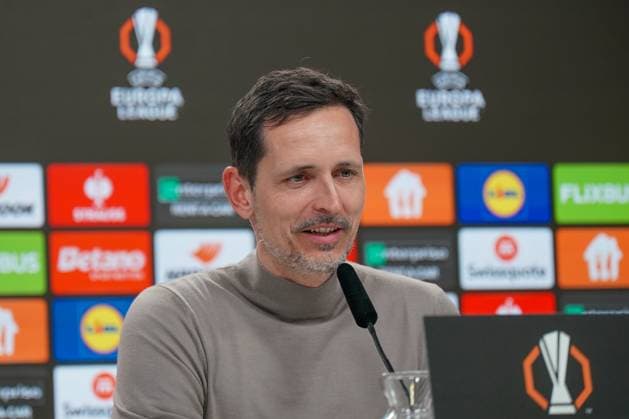 Uefa Europa League 2024 2025, Round of 16 Eintracht Frankfurt vs Ajax Amsterdam Deutsche Bank Park Frankfurt, Germany Dino Toppmöller Dino Toppmoeller Coach, Eintracht Frankfurt Press Conference Copyright: xJOERANxSTEINSIEKx