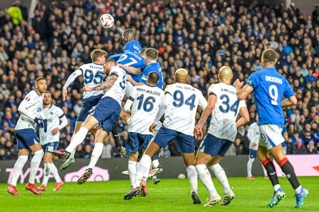 Rangers v Fenerbahce S.K. UEFA Europa League Mohammed Diomande of Rangers headers the ball during the UEFA Europa League Round of 16 Second Leg match at Ibrox Stadium, Glasgow UK Newspapers OUT Copyright: xJamiexJohnstonx FIL-21576-0008