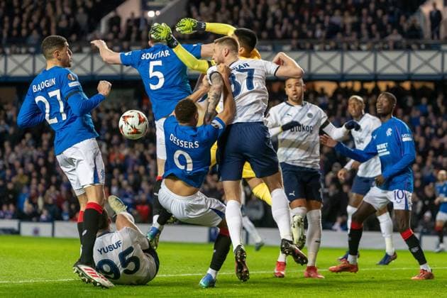 Rangers v Fenerbahce Europa League 13 03 2025. Ä°rfan Can EÄüribayat of Fenerbahce jumps in a crowded penalty area to reach the ball during the Europa League 1 4 Final 2nd leg, Rangers vs Fenerbahce at Ibrox Stadium, Glasgow,Scotland, 13 03 2025. Govan Ibrox Stadium Glasgow Scotland Editorial use only , Copyright: xColinxPoultneyx PSI-21628-0014