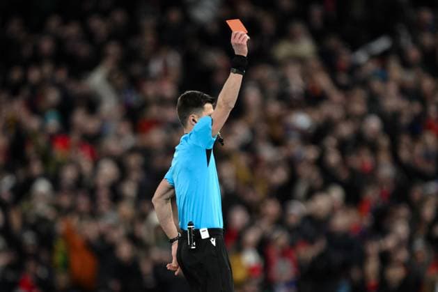 UEFA Europa League Last 16 Manchester United, ManU v Real Sociedad Referee Benoit Bastien gives a red card to Jon Mikel Aramburu of Real Sociedad during the UEFA Europa League Last 16 match Manchester United vs Real Sociedad at Old Trafford, Manchester, United Kingdom, 13th March 2025 (Photo by Craig Thomas News Images) Manchester Old Trafford Greater Manchester United Kingdom Copyright: xCraigxThomas NewsxImagesx