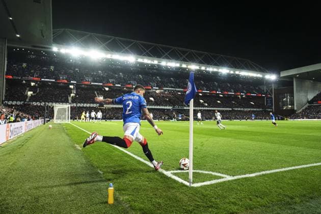 James Tavernier of Rangers takes a corner Rangers v Fenerbahce, UEFA Europa League, Round of 16, Second Leg, Football, Ibrox Stadium, Glasgow, Scotland, UK - 13 Mar 2025 EDITORIAL USE ONLY No use with unauthorised audio, video, data, fixture lists, club league logos or live services. Online in-match use limited to 120 images, no video emulation. No use in betting, games or single club league player publications. Copyright: xStuartxWallace Shutterstockx 15188226bx