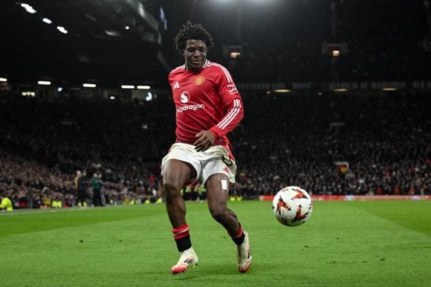 UEFA Europa League Last 16 Manchester United, ManU v Real Sociedad Patrick Dorgu of Manchester United in action during the UEFA Europa League Last 16 match Manchester United vs Real Sociedad at Old Trafford, Manchester, United Kingdom, 13th March 2025 (Photo by Craig Thomas News Images) Manchester Old Trafford Greater Manchester United Kingdom Copyright: xCraigxThomas NewsxImagesx