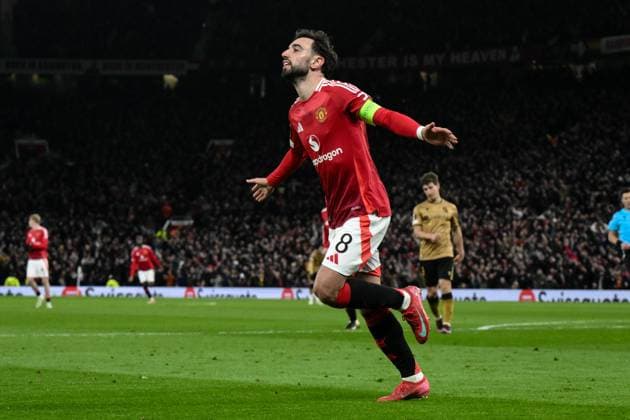 UEFA Europa League Last 16 Manchester United, ManU v Real Sociedad Bruno Fernandes of Manchester United celebrates his goal to make it 3-1 and makes it a hat-trick during the UEFA Europa League Last 16 match Manchester United vs Real Sociedad at Old Trafford, Manchester, United Kingdom, 13th March 2025 (Photo by Craig Thomas News Images) Manchester Old Trafford Greater Manchester United Kingdom Copyright: xCraigxThomas NewsxImagesx