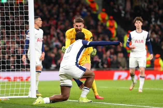 13th March 2025; Tottenham Hotspur Stadium, London, England; UEFA Europa League Last 16 Second Leg Football, Tottenham Hotspur versus AZ Alkmaar; goalkeeper Guglielmo Vicario of Tottenham Hotspur reacts after a goal line block by Yves Bissouma to prevent a goal  ActionPlus12760031 KatiexChan