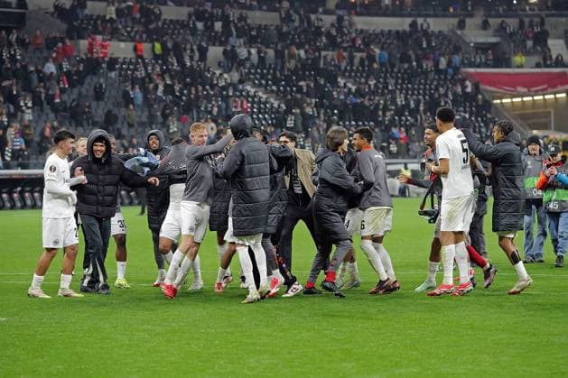 13 03 2025, xovx, Football UEFA Europa League, Eintracht Frankfurt Ajax Amsterdam The players of Eintracht Frankfurt celebrate the 4 1 victory against Ajax Amsterdam DFL DFB REGULATIONS PROHIBIT ANY USE OF PHOTOGRAPHS as IMAGE SEQUENCES and or QUASI VIDEO emspor Frankfurt am Main