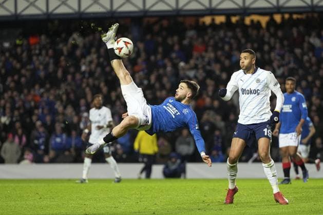 Nicolas Raskin of Rangers shoots at goal but fails to score from an overhead kick Rangers v Fenerbahce, UEFA Europa League, Round of 16, Second Leg, Football, Ibrox Stadium, Glasgow, Scotland, UK - 13 Mar 2025 EDITORIAL USE ONLY No use with unauthorised audio, video, data, fixture lists, club league logos or live services. Online in-match use limited to 120 images, no video emulation. No use in betting, games or single club league player publications. Copyright: xStuartxWallace Shutterstockx 15188226cz