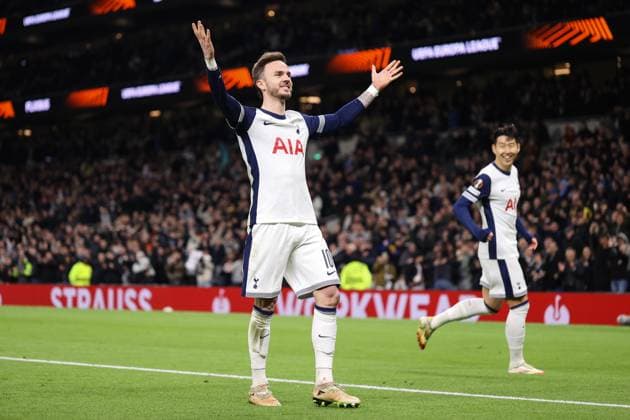 Tottenham Hotspur gegen AZ Alkmaar 13. März 2025, London UEFA Europa League Achtelfinale Tottenham Hotspur gegen AZ Alkmaar James Maddison von Tottenham Hotspur feiert sein zweites Tor Foto Jacques Feeney Abseits London UK  Copyright: xJacquesxFeeneyx xOffsidexOffside