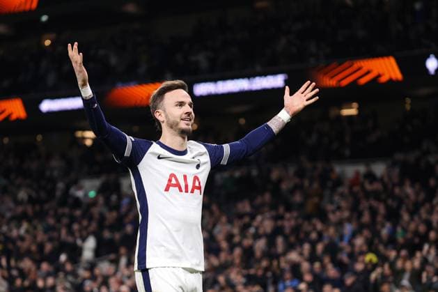 Tottenham Hotspur gegen AZ Alkmaar 13. März 2025, London UEFA Europa League Achtelfinale Tottenham Hotspur gegen AZ Alkmaar James Maddison von Tottenham Hotspur feiert sein zweites Tor Foto Jacques Feeney Abseits London UK  Copyright: xJacquesxFeeneyx xOffsidexOffside