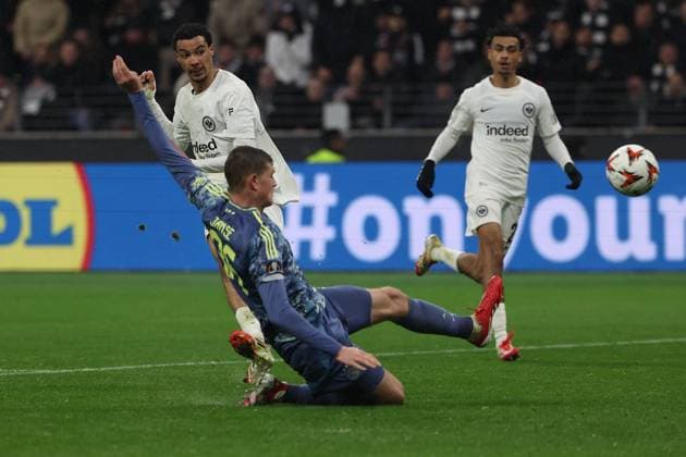 2025 03 13 xJAx UEFA EUROPA LEAGUE Eintracht Frankfurt AFC Ajax Amsterdam v l ,Hugo Ekitike Eintracht Frankfurt scores the goal to make it 3 0 , Dies Janse AFC Ajax Amsterdam DFL DFB REGULATIONS PROHIBIT ANY USE OF PHOTOGRAPHS as IMAGE SEQUENCES and or QUASI VIDEO Copyright: JoaquimxFerreira