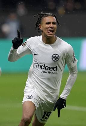Jean Matteo Bahoya celebrates his goal to 1 0 photographed during the soccer Euro League match Eintracht Frankfurt vs Ajax Amsterdam on 13 3 2025 in Frankfurt DFL DFB REGULATIONS PROHIBIT ANY USE OF PHOTOGRAPHS as IMAGE SEQUENCES and or QUASI VIDEO