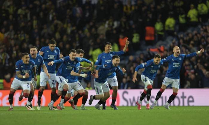 Glasgow, Scotland, 13th March 2025. The Rangers team celebrate after winning the penalty shoot out during the UEFA Europa League match Rangers v Fenerbahce at Ibrox Stadium, Glasgow. Picture credit should read: Neil Hanna Sportimage EDITORIAL USE ONLY. No use with unauthorised audio, video, data, fixture lists, club league logos or live services. Online in-match use limited to 120 images, no video emulation. No use in betting, games or single club league player publications. SPI_019_NH_Rangers_Fenerbahc__e SPI-3743-0019