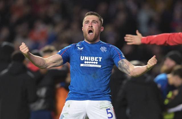 Glasgow, Scotland, 13th March 2025. John Souttar of Rangers celebrates after winning the penalty shoot out during the UEFA Europa League match Rangers v Fenerbahce at Ibrox Stadium, Glasgow. Picture credit should read: Neil Hanna Sportimage EDITORIAL USE ONLY. No use with unauthorised audio, video, data, fixture lists, club league logos or live services. Online in-match use limited to 120 images, no video emulation. No use in betting, games or single club league player publications. SPI_022_NH_Rangers_Fenerbahc__e SPI-3743-0022